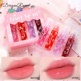 4Pcs Fruit Flavour Shiny Rollerball Lip Oil Set Vitamin E Transparent Moisturising Plumping Lip Gloss Lip Jelly Wholesale