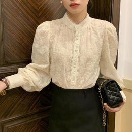 Women's Blouses Elegant French Fashion Lady Lace Blouse Stand Collar With Pearls Single Breast Bubble Sleeve Winter Autumn Design