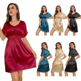 Women's Sleepwear Nightgown Dress Summer Ice Silk Waist Thin Nightdress Dressing Gown Solid Women Silky Satin Bathrobe Lounge Wear