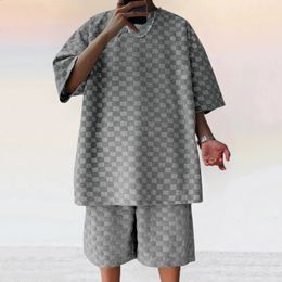 Man Fashion Jacquard Plaid Tracksuit Spring Summer Casual Mens Two Piece Set Short Sleeve O Neck Shirt Shorts Suit 240129