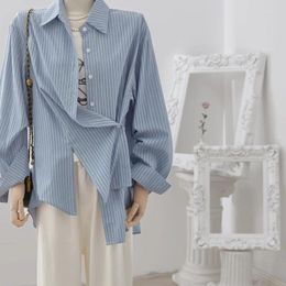 Women's Blouses SuperAen Korean Design Blue And White Striped Shirt For Women Spring Autumn Style Split Shirts