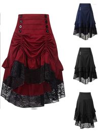 Skirts Black Lace Patchwork Gothic Lolita Womens 2024 Spring Summer Jupe Aymmetrical Drawstring Ruffles Retro Vintage Midi Skirt