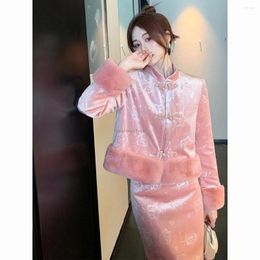 Ethnic Clothing 2024 Thickened Winter Year Chinese Improved Cheongsam Style Pink Velvet Long Sleeve Stand Collar Blouse Skirt Set W102