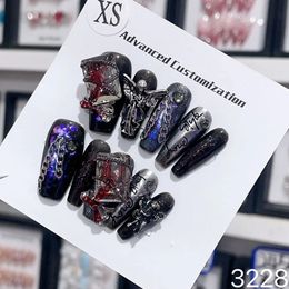 Handmade Y2k Fake Nails Black French Luxury Goth Reusable Adhesive False Nails Long Coffin acrylic Artificial Manicure for girls 240129