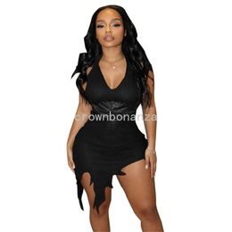 2024 Designer Sexy Mini Dress Women V neck Halter Dresses Spring Summer Backless Bodycon Black Dress Party Club Wear Bulk Wholesale Clothing