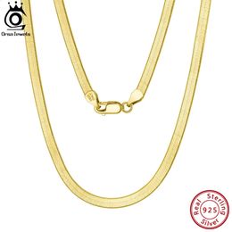 ORSA JEWELS 925 Sterling Silver 3mm Gold Flexible Flat Chain Herringbone Snake Chain Necklace for Women Neck Chain Jewellery SC35 240119