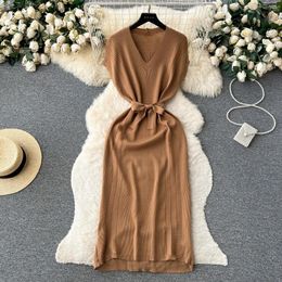 Casual Dresses Spring Summer Dress 2024 V Neck Sleeveless Knit Midi With Belt Office Work Elegant For Women