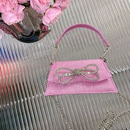 10 Colours Women Rhinestone Bow Handbags Designer Glittering Crystal Trapezoid Satin Evening Pink Clutch Purse Wedding Party 240125