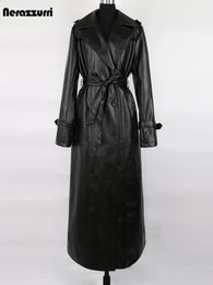 Nerazzurri Spring Autumn Extra Long Waterproof Black Soft Pu Leather Trench Coat for Women Belt Floor Length Luxury Overcoat 240119
