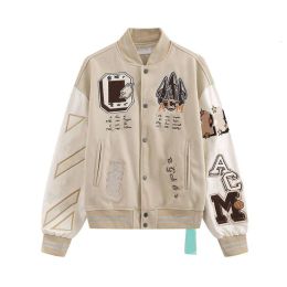 Milan Xffwhite Joint Logo Men's and Women's World Cup Star Baseball Jacket Autumn and Winter Off Brand Couple OW Heavy Industry Embroidered Wool Panel Leather