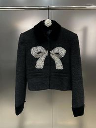 Women's Jackets HIGH STREET Est Fall Winter Designer Fashion Black Jacket Women Velvet Lapel Long Sleeved Diamond Studded Bow Tweed