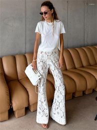 Women's Pants Tossy White Printed High Waist Straight Legg Women Patchwork Hollow Out Fashion See-Through Lace Summer Clothes