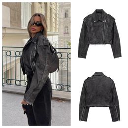 Taop Za Womens Style Versatile Distressed Effect Imitation Leather Motorcycle Jacket Short 4341726 240122