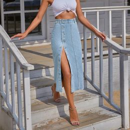 Skirts Sexy Button Front Slits Denim Skirt Retro Long Summer Girls High Waist Split Jeans Straight Maxi