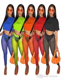 Womens Tshirt Sheer Yoga Pants 2023 Designer Tracksuits Two Piece Set Sexy Mesh Navel Exposed Nightclub Clothing2426205