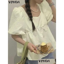 Womens Blouses Shirts Vonda Summer Casual Women Short Puff Sleeve Blouse Elegant 2024 Solid Colour Tops Y Square Neck Loose Blusas Drop Ot3Wp