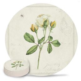 Table Mats Vintage Country Plant White Rose Flower Ceramic Set Kitchen Round Placemat Luxury Decor Coffee Tea Cup Coasters