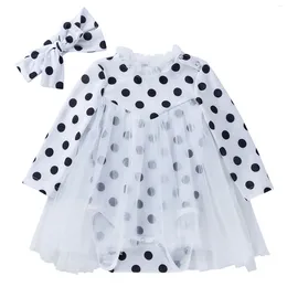 Hair Accessories Girl Summer Dress Climbing Skirt Polka Dot Print Crew Neck Long Sleeve Bow Gender Neutral Baby Clothes Simple