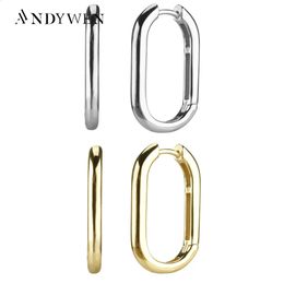 ANDYWEN 925 Sterling Silver Gold 25mm Big Oval Hoops Square Women Plain Large Loops Circle Luxury Fashion European Jewellery 240119