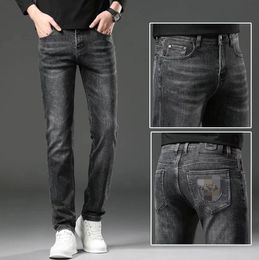 Style Street Straight Clothing Slim Mens Fit True Stretch Trousers Embroidery Denim Jeans