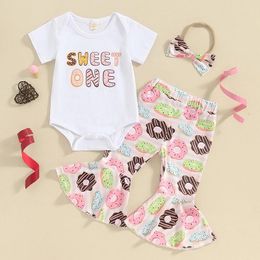 Clothing Sets Born Baby Girl Birthday Outfit Short Sleeve Romper Shirt Tops Donuts Bell Bottom Pants 3pcs Summer Clothes