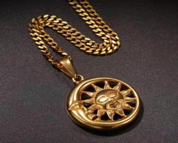iced out cartoon sun pendant necklaces for men luxury designer mens new moon pendants stainless steel cuban link chain necklace je6805193