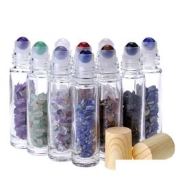 Packing Bottles Wholesale 10Ml Clear Glass Roll On Per With Crushed Natural Crystal Quartz Stone Crystals Roller Ball Wood Grain Cap Dhstj