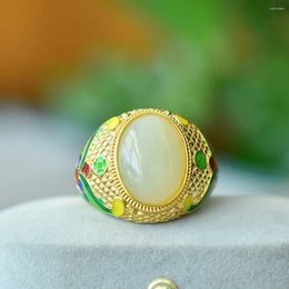 Cluster Rings Grade A White Jade Enamel Jewelry Men Women Natural Gemstone Hetian Jades Colorful Nephrite Ring Adjustable Anillos Mujer