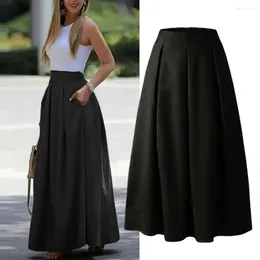 Skirts Chic OL Style Friendly To Skin Pleated Women Fall Spring Skirt Pockets Solid Colour Clothes