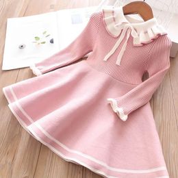 Höstbarn varm tröja klänning för flickor spädbarn casual ren färg veckad prinsessa baby flicka vinter stickad 240126