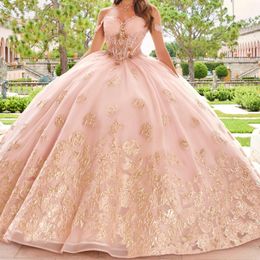 Pink Sweetheart Quinceanera Dresses Ball Gown Off the Shoulder Gold Appliques Lace Tull Sweet 15 Vestidos De XV Anos