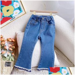 Jeans Spring Autumn Children Girl Denim Pant Cotton Elastic Waist Toddler Flared Solid Lace Collar Young Kid Drop Delivery Baby Kids M Oth7A