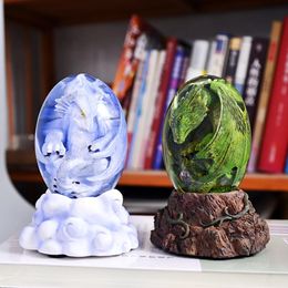 Transparent Dragon Egg with Lighting Base Resin Eggs Luminous Stand Handmade Sculpture Fire Home Decor 240127