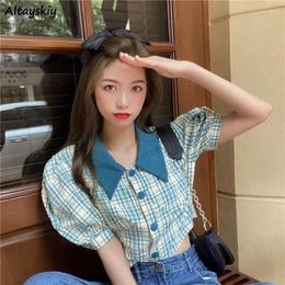 Women's Blouses Shirts Women Plaid Vintage Turn-down Collar French Style Puff Sleeve Crop Daily Casual Baggy Streetwear Fashion Female
