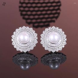 Stud Earrings Women Simple Elegant Pearl Hand Inlaid Gems All Matching Dress Ear-stud For Girlfriend