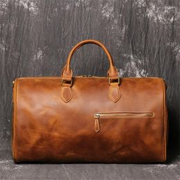 Duffel Bags Large Capacity Vintage Brown Black Top Grain Genuine Crazy Horse Leather Business Trip Men Travel Bag GYM Duffle M1018