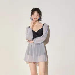 Women's Swimwear Wisuwore 2024 Korean Ins Long-sleeved One-piece Swimsuit Conservative Skirt Style Cover Belly Show Small Chest Swimming