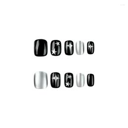 False Nails 24Pcs Black Short Round Y2K Sier Star Design French Fake Fl Er Detachable Nail Tips Press On Drop Delivery Health Beauty A Otivy