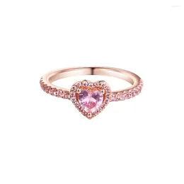 Cluster Rings Fashion Female Rose Gold Sparkling Elevated Heart Ring Pink Stone Sterling Silver Jewellery For Woman Party Proposal