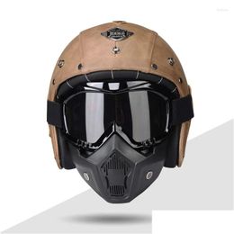 Motorcycle Helmets Pu Leather Open Face For Dot Appd Women And Men Cruise Scooter Helmet With Goggle Mask S M L Xl Xxl Drop Delivery Dhehl