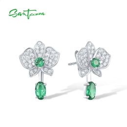 SANTUZZA Real 925 Sterling Silver Stud Earrings For Women Sparkling White CZ Green Spinel Flower Dangling Delicate Fine Jewelry 240127