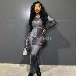 2024 Designer Maxi Dresses Women Long Sleeve Bodycon Dress Spring Summer Sexy Printing Sheer See Through Dress Y2k Party Wear Bulk Wholesale Clothes