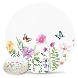 Table Mats Spring Flower Plant Leaf Butterfly Ceramic Set Kitchen Round Placemat Luxury Decor Coffee Tea Cup Coasters