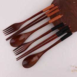 Dinnerware Sets Portable Japanese Natural Dinner Kit Kitchen Handmade Wooden Tableware Fork Chopsticks Spoon Set Utensils Cutlery