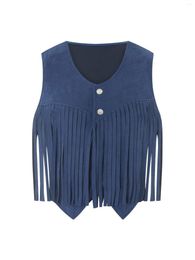 Women's Vests Women Tassel Sleeveless Button Down Vest V Neck Fringe Trim Suede Tank Tops Vintage Solid Color Hippie Crop Jacket