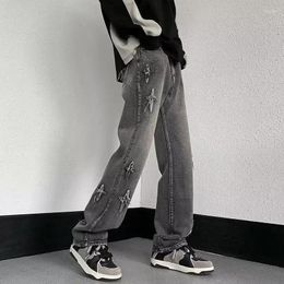 Men's Jeans Trousers Skinny With Crosses Vintage Man Cowboy Pants Tight Pipe Straight Slim Fit 2024 Trend Original Luxury