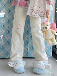 Women's Pants HOUZHOU Harajuku Kawaii White Corduroy Women Japanese Style Sweet Cute Wide Leg Trousers Embroidery Girly Fleece Pantalon