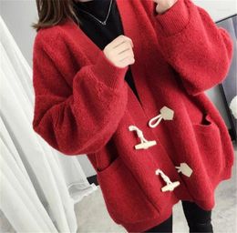 Women's Knits Spring Autumn Women Red White Cardigan Simple V-Neck Casual Knitted Jacket Oversized Loose Basic Sweater Female Coat