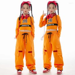 Stage Wear 2024 Jazz Dance Costumes For Kids Orange Crop Tops Loose Pants Suit Girls Ballroom Hip Hop Performance Clothes DN16497