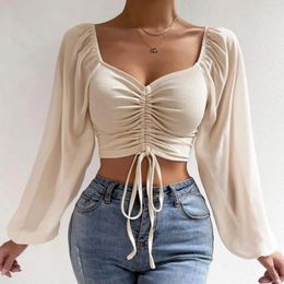 Women's T Shirts Sexy See Through Lantern Sleeve Women Patchwork T-shirt Fashion Drawstring Low Cut V-neck Cropped Top Woman Vintage Bustier